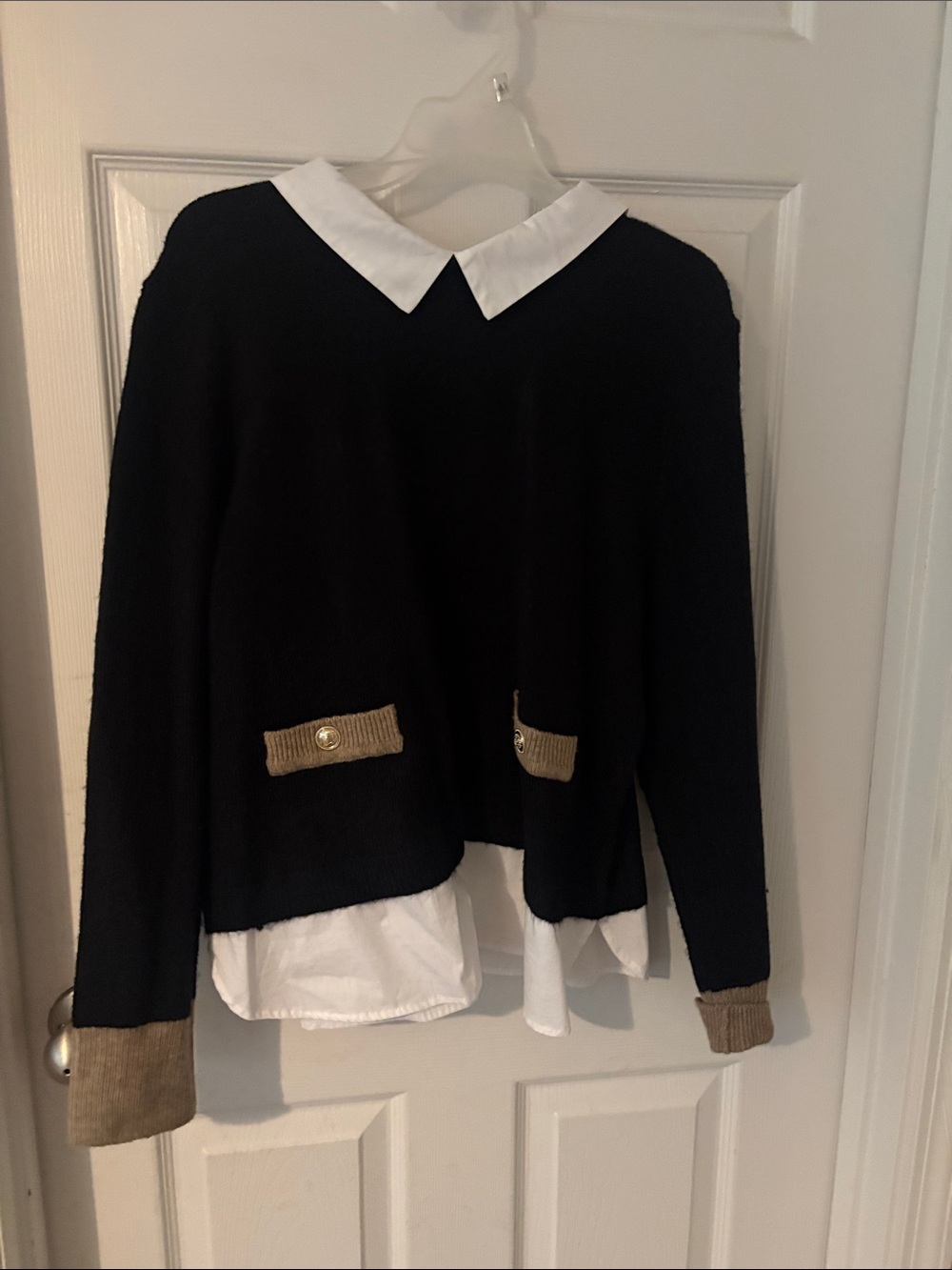 CeCe Black Crewneck Sweater with White Faux Collar and Tan Trim